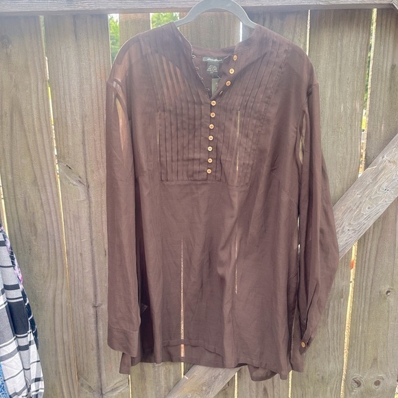 Eddie Bauer Silk Blend Pleated Front Quarter Button Down Front Tunic Blouse - Picture 1 of 6
